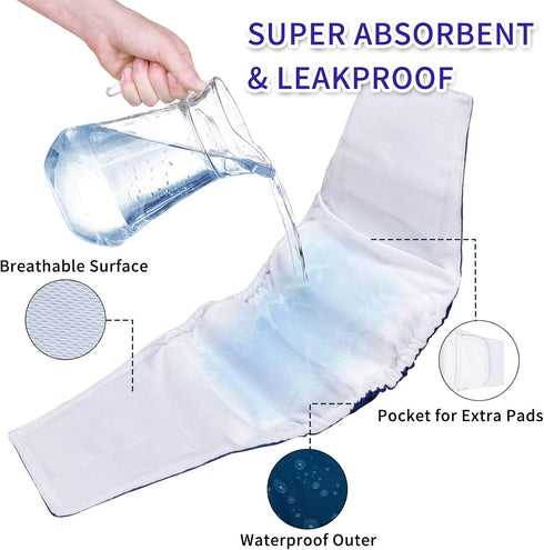 Male,Pack 3 U-DM08XS, Washable Dog Diapers of High Absorbing Male Dog Diapers & Adjustable Strap Reusable Male Puppy