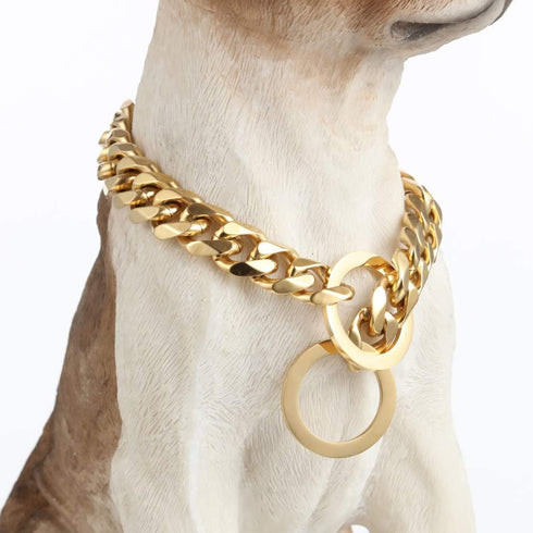 "Dog Chain Collar 18K Gold High Polished Stainless Steel Cuban Link Heavy Duty Chew Proof Leash for Small Dogs (12mm,