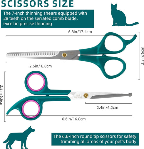 Trimming, (Set 3) Professional Pet Grooming Kit, Stainless Steel Dog & Cat Grooming Shears with Rounded Tip Blades