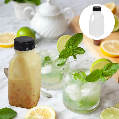 Ipetboom 4pcs Commercial Reusable Drink Bottles for Milk and Juice, Plastic Sealed Beverage Containers with Black Lids
