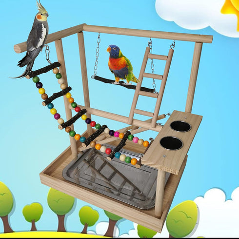 Hamiledyi Parrots Playground Bird Play Gym Wood Perch Stand Colours Climb Ladders Swing Chewing Toys with Parakeet