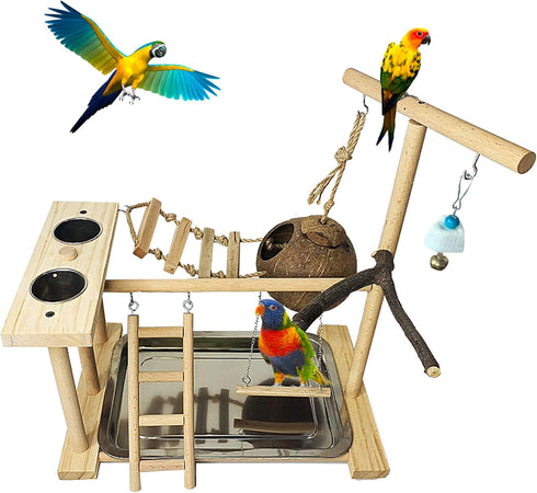 Hamiledyi Parrot Playground Bird Play Stand Natural Wood Parrot Perch Gym with
