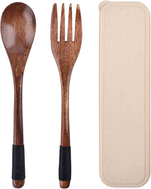 Wooden Cutlery Set with Case - Reusable Spoon and Fork Set, Portable for Lunch, Camping, Travel, Household Office