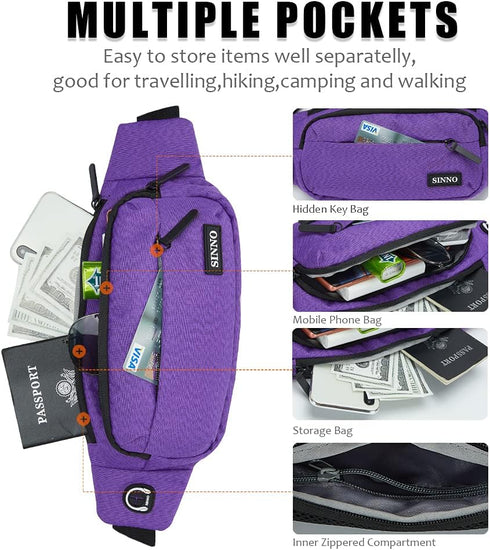 SINNO Large Crossbody Fanny Pack for Men Women, 4-Zipper Pockets Belt Bag for Travel Running Hiking