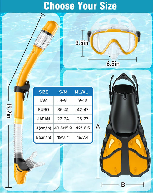 Snorkel Set with Fins for Adults, Snorkeling Gear Combo Set with Dry Top Snorkel Mask and Travel Bag for Diving,