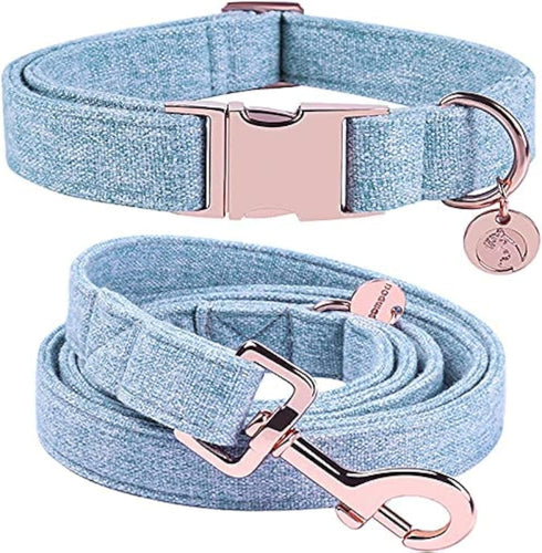 DOGWONG Cotton Dog Collar and Leash, Soft Durable Blue Pet Collar for Small Medium Large Dogs