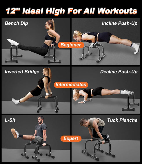 Push Up Bar, 12 Inch High Non-Slip Parallettes Bars & Dip Bars with Foam Handles for Strength Training