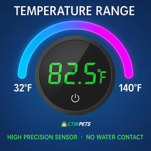 0.9F CTWPets Digital Fish Tank Thermometer, LED Display, Accuracy, for Aquarium, Fish, Axolotl, Turtle