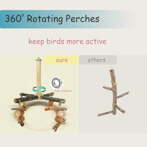 ROOJUNE 360 Finches) Bird Perch Rotating Perch with Natural Chew Toys - Spinning Bird Toys Cage Accessories- Parrot