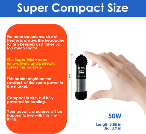 AquaMiracle 50W Small Aquarium Heater, Super Mini Fish Tank Heater for 5-10 Gal Tanks with Dual LED Display