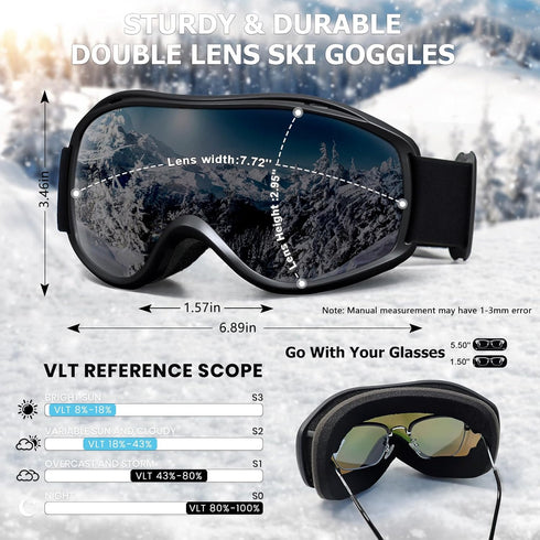 SPOSUNE OTG Ski Goggles, Men Women Over Glasses, Anti Fog Snowboard Goggles, UV Protection for Adult & Youth