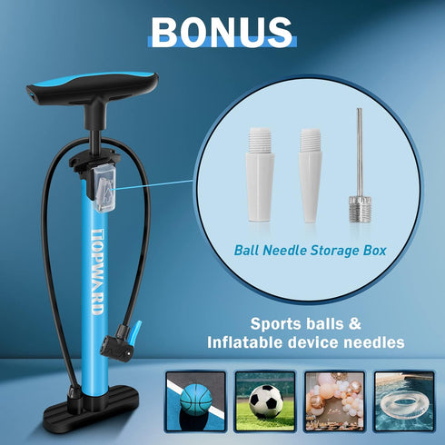 Portable Bicycle Tire Pump, Hand Air Pump for Bike, Fits Presta & Schrader Valve, Includes Ball Pump Needle