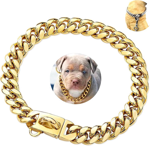 Gold Dog Chain Collar, Heavy Duty Cuban Link Chain with Secure Buckle for Small Medium Large Dogs (12" Gold)