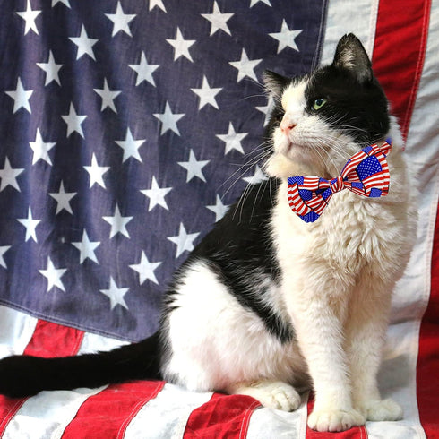 4th of July Cat Bow Tie Collar with Bell - Patriotic USA Flag Collars for Male and Female Cats