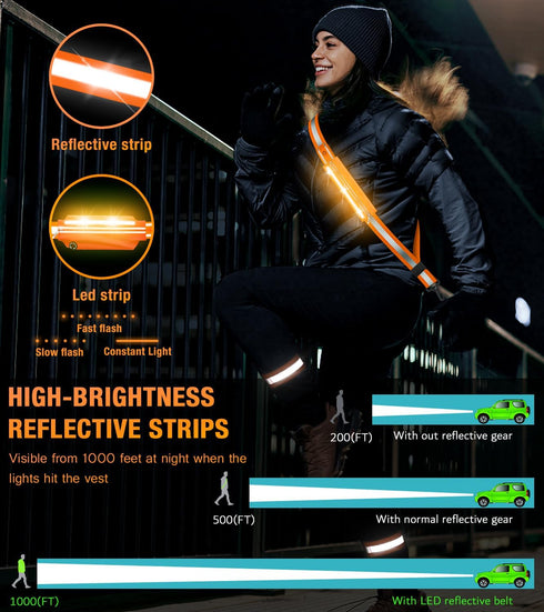 LED Belt Reflective Sash for Walking at Night,High Visibility Adjustable Night Running Safety Gear,Light Up Running Belt Reflective Gear with Phone Bag/Armband for Runners Walkers Men Women
