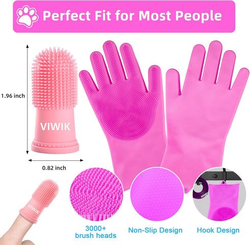 Dog Bath Gloves with 4 Pack Dog Toothbrush - Grooming Kit for Small, Medium, Large Dogs, Silicone Washing Gloves
