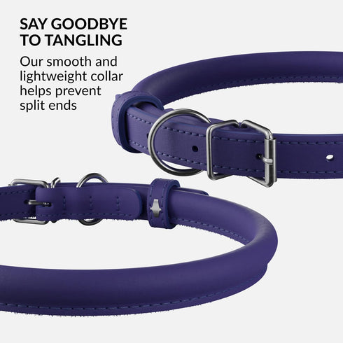 CollarDirect Rolled Leather Dog Collar, Soft Padded Round Handmade Genuine Leather, 13 Colors, 13-16 Inch, Purple Smooth