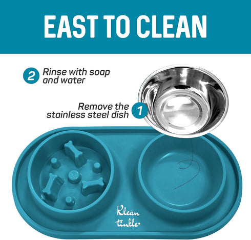 Pets Dog Bowl Set - Removable Double Slow Feeder Bowls with Non-Skid Silicone Mat, Stainless Steel Water Bowl (Dirty