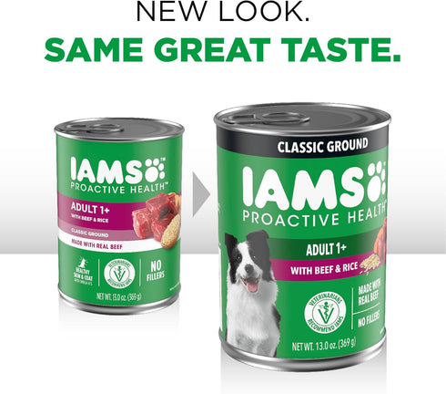 Multipack 13 oz. (Pack 12) IAMS Proactive Health Wet Dog Food, Adult Wet Dog Food Ground Dinner, Beef & Rice, Cans