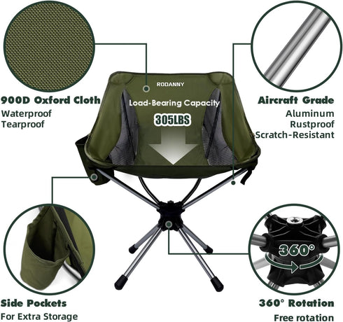 360 2.7LB 305LBS Swivel Folding Chair, Compact Portable Camping Chairs for Outdoor Travel Hunting Hiking Fishing