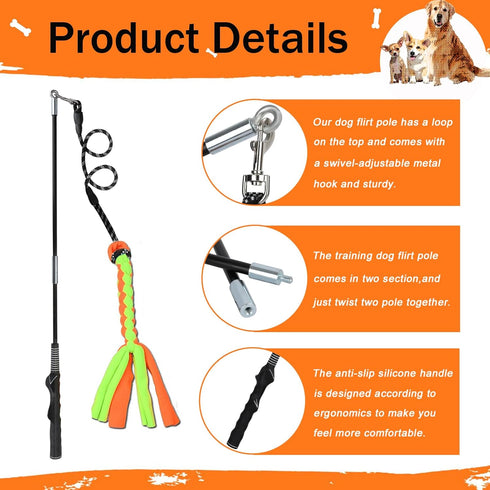 Flirt Pole for Dogs, Interactive Teaser Wand Play Pole with Fleece Rope Lure for Outdoor Exercise & Training