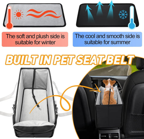 Portable Dog Car Seat for Small Dogs, Booster Seat with Safety Leash & Washable Cushion, Pet Car Seat with Adjustable
