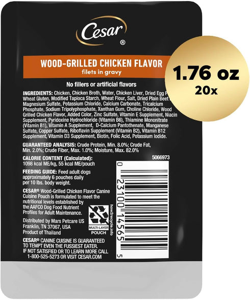 Cesar Filets in Gravy Wet Dog Food Wood-Grilled Chicken Flavor, 1.76 oz. Mini-Pouch, 20 Pack