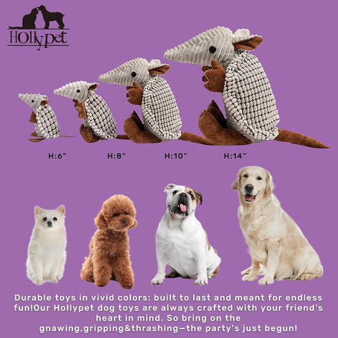 Hollypet Plush Dog Squeaky Toy Stuffed Armadillo, Chew Toys for Small Medium Large Dogs, Gray, 8 in