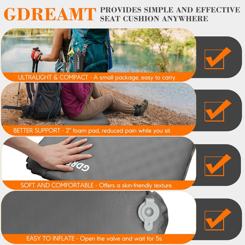 GDREAMT Backpacking Inflatable Seat Cushion, Self-Inflating Memory Foam Stadium Seats Cushion Portable Camping Air-Foam