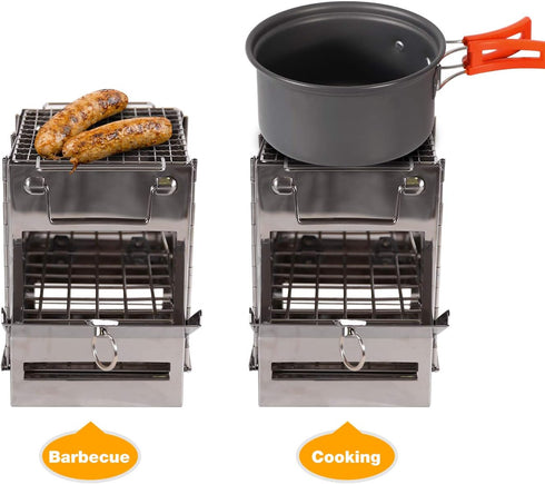 Portable Folding Camping Wood Stove, Lightweight Stainless Steel Wood Burning Camp Stove with Grill for BBQ