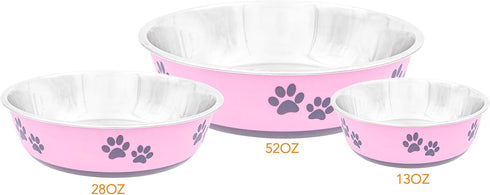 Fuzzy Puppy Food Bowl & Water Bowl, Designer Series, Paw Print Detail, Stainless Steel & Pink, 52 oz