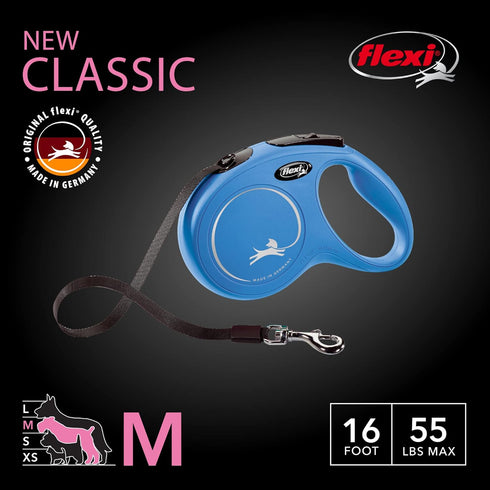 Flexi Classic Retractable Tape Dog Leash, Blue, Medium, 55 lbs, 16ft