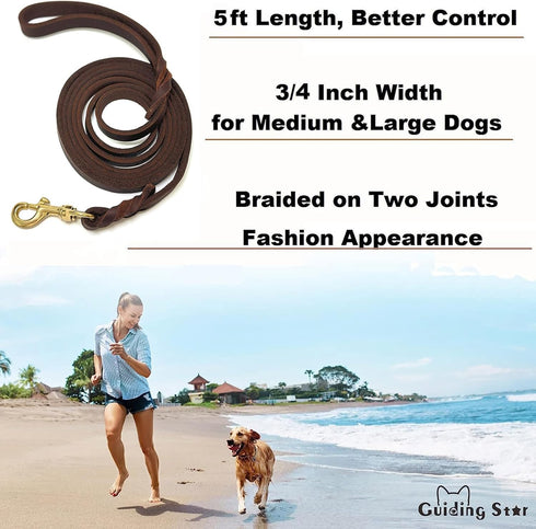 Guiding Star Leather Dog Leash 5ft, Heavy Duty Braided Handmade Leather for Large & Medium Dogs (5ftx3/4inch, Brown)