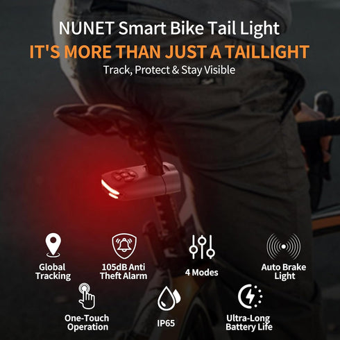 3-in-1 105dB IP65 NUNET Brake Light Bike Locator GPS AirTag Anti-Theft Smart Tail Light with Tracker, Alarm, Hidden
