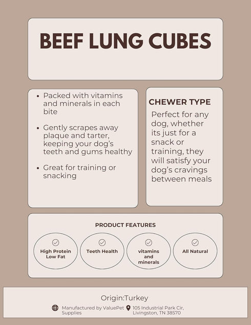 Natty Dog Packed (5 dehydrated Beef Lung Cubes, Suitable for Training or Snacking, All Natural, with Vitamins Ounce)