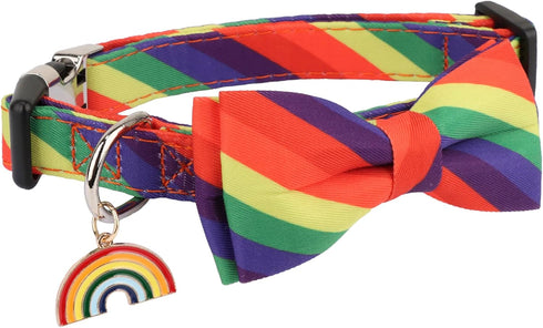 ADOGGYGO Rainbow Dog Collar with Bowtie, Adjustable Striped Dog Bow Collar, LGBT Pride Rainbow Collars for Small Medium Large Dogs Pets (Large, Rainbow)