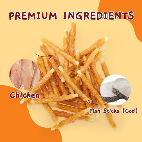 1.32lb 35-Count 4.5-Inch Jungle Calling Rawhide Free Dog Treats, Chicken Wrapped Cod Sticks for Dogs, Easily Digestible