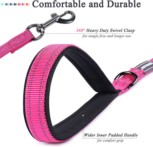 VIVAGLORY Traffic Handle Dog Leash, Two Padded Soft Handles Dog Leash, Strong Reflective & Metal Hook Training Dog Lead, Pink
