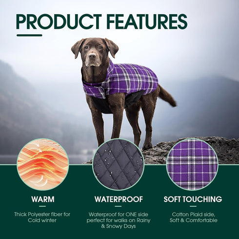 Kuoser Waterproof Dog Coat, Adjustable XL Jacket for Extra Large Dogs, Reversible Cozy Winter Apparel, Purple