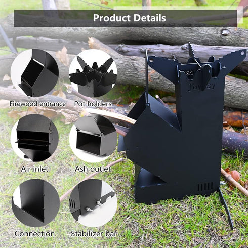 Rocket Stove for Cooking, Portable Mini Wood Burning Stove for Backyard Cooking, Camping Grill, BBQ with Storage Bag