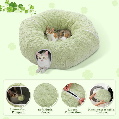 PEQULTI Cat Tunnel with Bed for Indoor Cats, Cat Play Donut Tunnel with Washable Soft Plush Mat, Round Tube Toys Cute