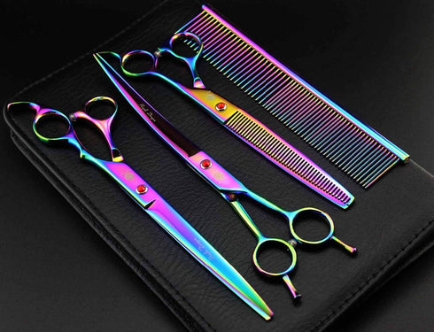 Purple Dragon 8.0" Titanium Multicolor Professional Pet Grooming Scissors Set - Straight, Thinning & Curved Scissors