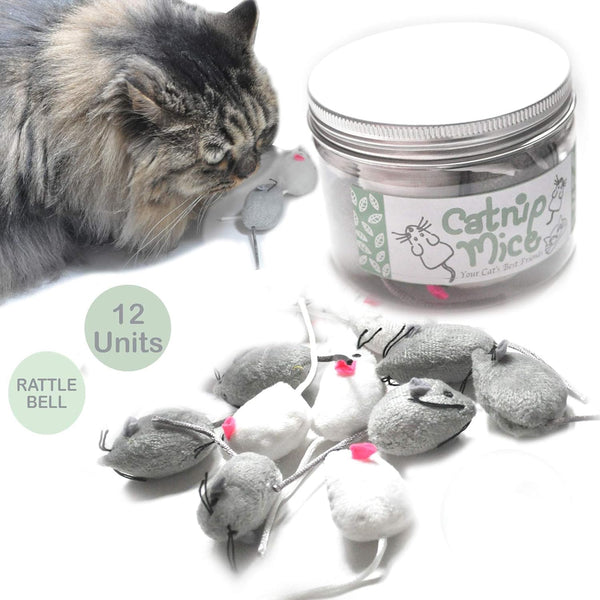 Catnip Mice for Cats - Rattle Bell Mouse Kitty Toys (White & Grey)