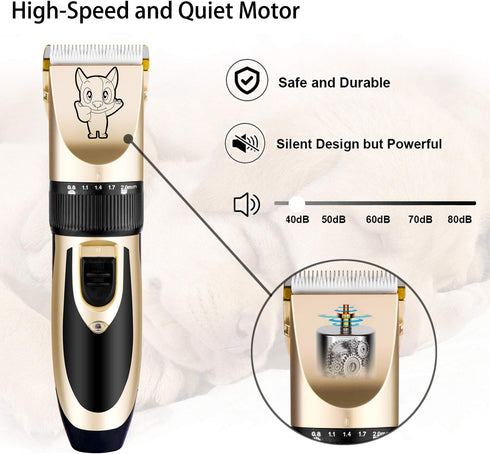 Dog Grooming Kit Clippers - Low Noise, Electric Quiet, Rechargeable, Cordless for Thick Coats, Suitable for Dogs & Cats