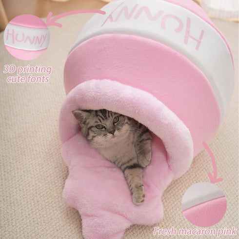 Romaneco Honey Pot Cat Cave Bed, Soft and Thick Rebound Sponge Pet Nest with Removable & Washable Cushion, Cute Cartoon