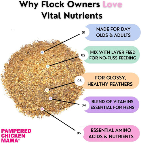 (5 Vital Nutrients: Chicken Vitamins for Feed & Molting Supplement, Egg Booster, Poultry & Chicken Vitamins - Pampered
