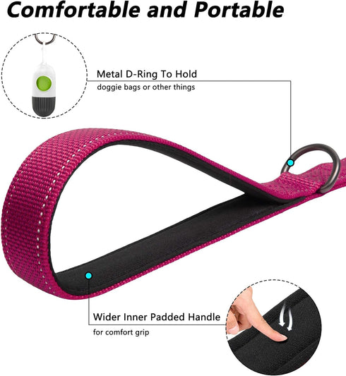 PetiFine 4FT Heavy Duty Dog Leash, Soft Padded Double Handle, Durable Reflective Nylon Walking Lead for All Breeds, Rose