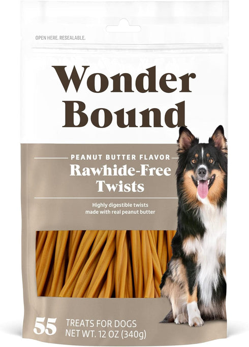 Amazon Brand Wonder Bound Peanut Butter Flavor Dog Twist Sticks, 55 Count, Rawhide Free, 12 ounce