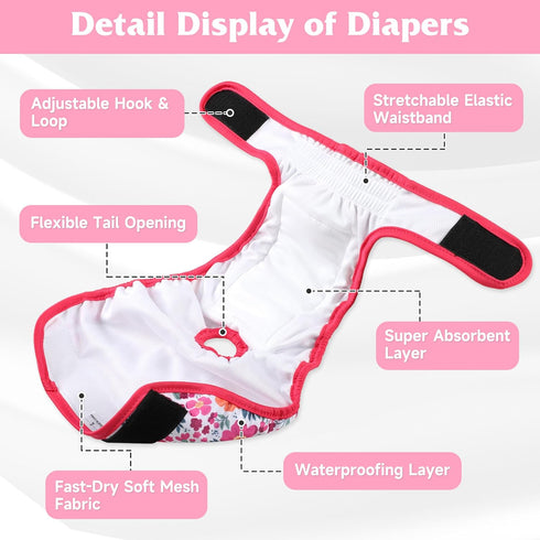 5 Pack Reusable Diapers for Doggie, Highly Absorbent Dog Diapers Female for Pet with Incontinence or Frequent