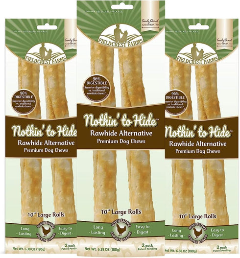 Fieldcrest Farms Nothing to Hide Natural Rawhide Alternative Large 10'' Rolls for Dogs - 3 Pack (6 Chews) Premium Grade
